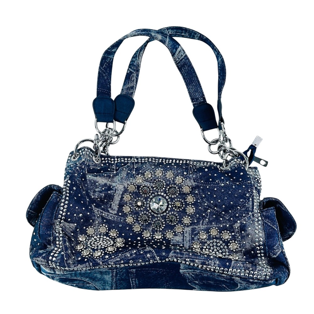 Blue Denim Rhinestone Shoulder Hand Bag Purrse Womens Medium Studded Y2K Boho
